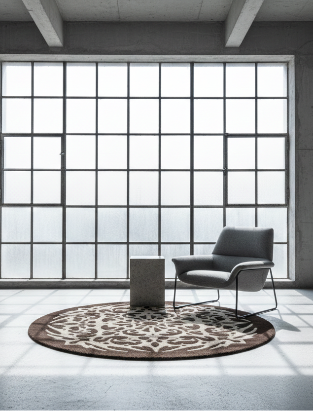 Modern interior with a large window, gray chair, and patterned rug.