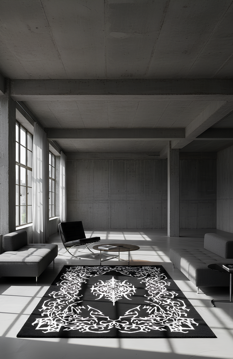 Modern room with a black and white patterned rug, chairs, and large windows.